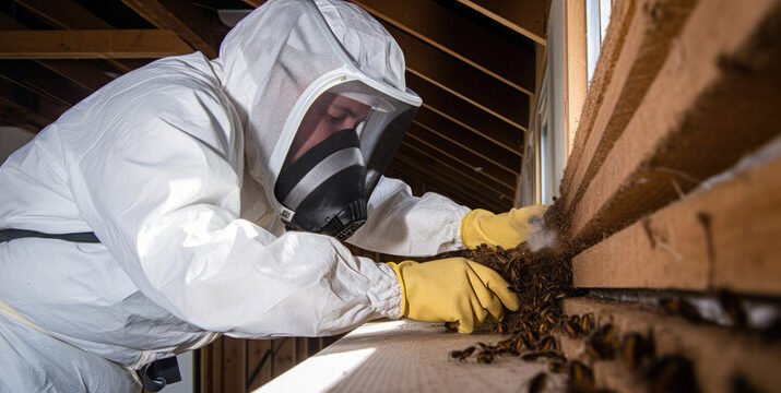 a men who spraying on the wood for termite control